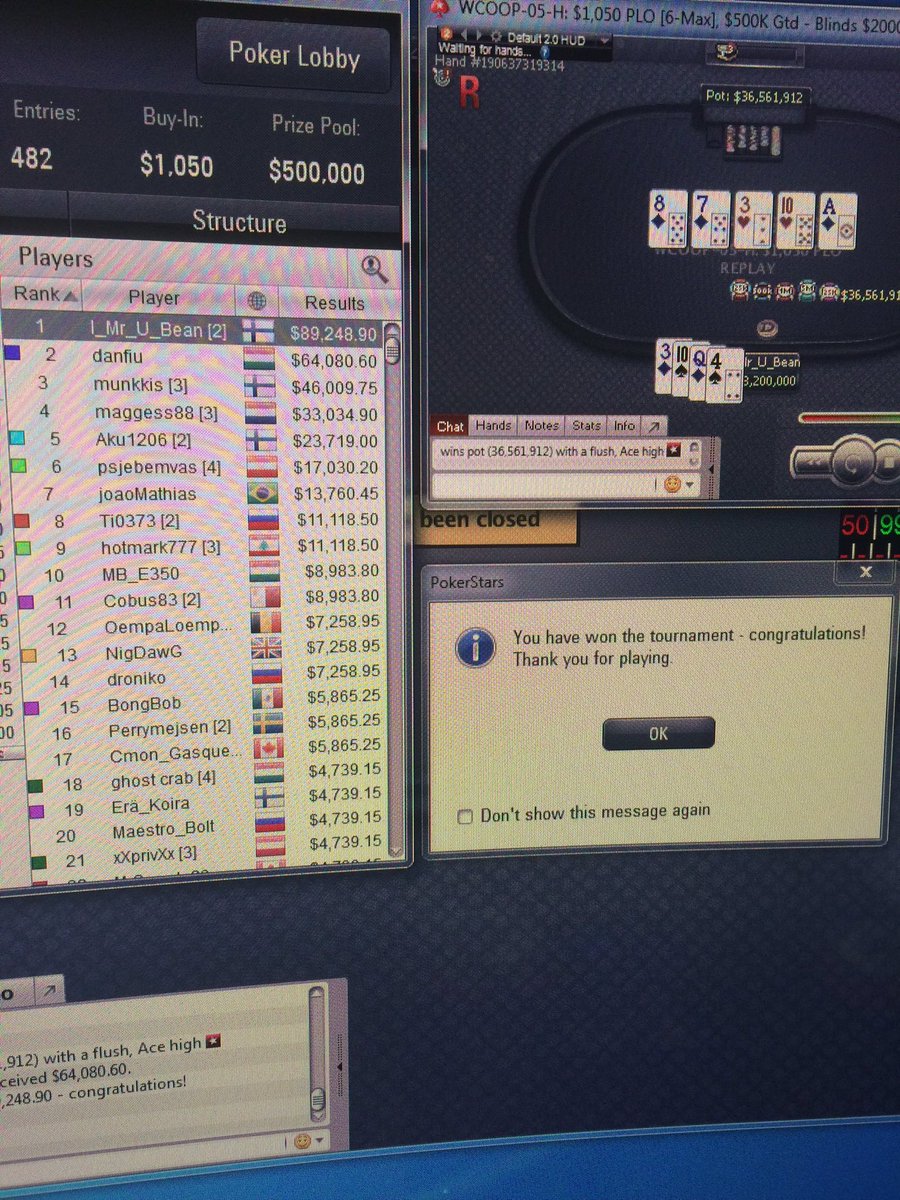 imtyrant's tweet photo. Just won WCOOP bracelet #2 and 89k $ 💪🍾🏆 #omaha #plo #eatsleepplo #pokerihuone #tikissä https://t.co/xpoE14SPmk