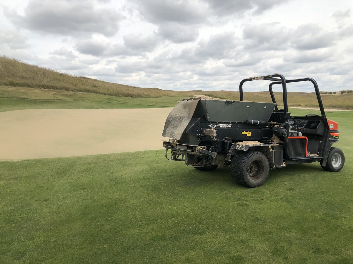 JarodSpurlin's tweet photo. It was a successful Labor Day filled with a greens topdress, verticut, brush, and roll! Finished up with 18 holes to test them out with @professorpuddle and @Rice24Riley https://t.co/DUaj4XT5gt