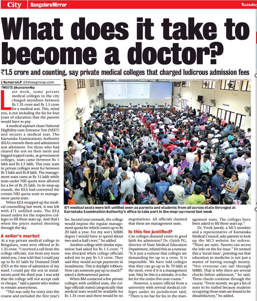 Mundra08's tweet photo. https://t.co/KHBssKgVFT
In Karnataka,on merit, Annual MBBS fees in private #Medical colleges is capped at 6.95 L. Total 4.5 yrs =31.30L. Just Tution fees !
If Management or NRI quota,then, Annual MBBS fee range =30-40 L. 
Total 1.35-1.80 crores
Why this Dr's will work for Govt ? https://t.co/FX3dMjxXAw
