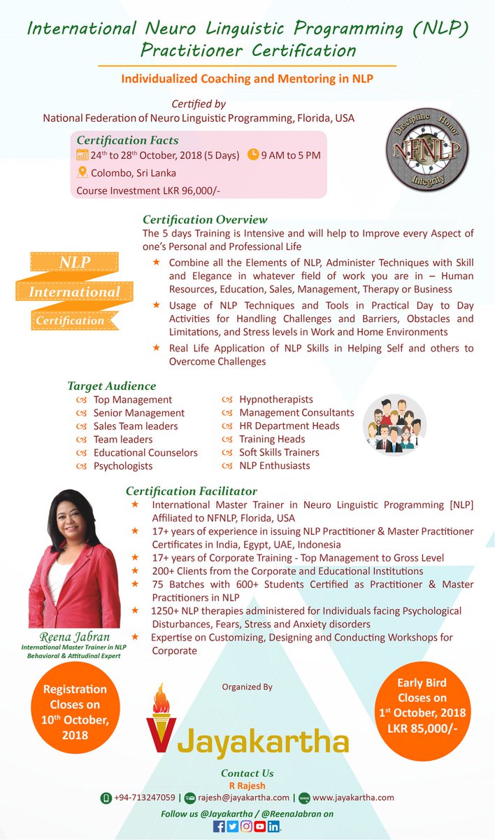 reenajabran's tweet photo. Nlp international practitioner certification in the end of October #Nlp #nlpcertification #srilankanlp #jayakartha #reenajabran https://t.co/PFhJ4LHfGN