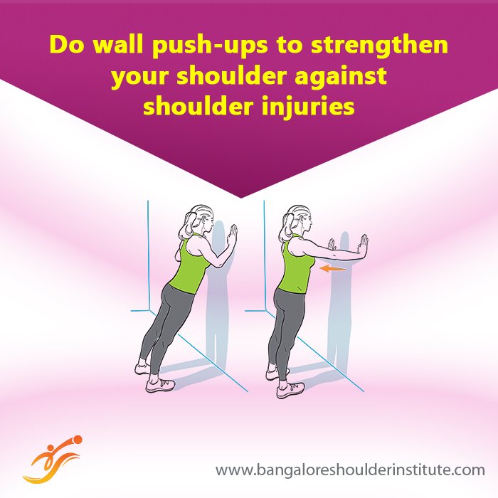 ShoulderInstt's tweet image. Stand facing a wall with your hands on the wall and your feet shoulder-width apart. Slowly perform a push-up.  
Repeat five times.  Hold for a count of five. Perform twice a day. 
#WallPushUps
#ShoulderExercise
