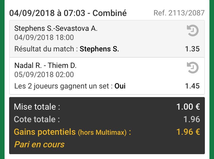 JuKe_AR's tweet photo. C’est parti pour le #JKproject Bet 4

petit carte aujourd’hui j’ai repéré ce petit combi ! 

🎾 Stéphens + Nadal-Thiem les 2 joueurs marque un Set | 1,96 

Mise : 1% 
BK après Bet : 103,30€ 

On pousse !!!! 🔥

a toute la famille !! 👌

#TeamParieur #TeamHR #ParionSport https://t.co/iVTu3gY1pi