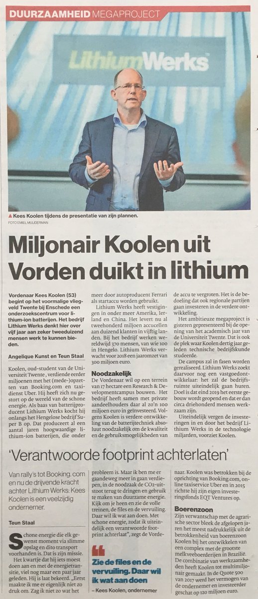 RonNuwenhof's tweet image. Ondernemer Kees Koolen begint op voormalig vliegveld Twente bij Enschede een onderzoekscentrum voor lithium-ion batterijen. #LithiumWerks