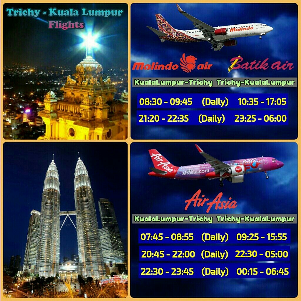 Tiruchirappalli -Kuala Lumpur flights

@aaiTRZairport #MalindoAir #AirAsia #KualaLumpur #Trichy #Tiruchirappalli #KLIA #ASEAN #BatuCaves #Srirangam #TempleCity #CleanestCity #MostLiveableCity