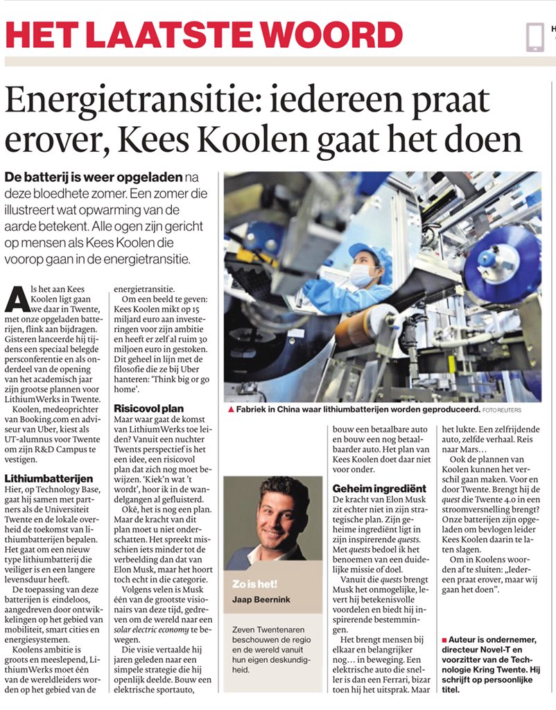 Goed artikel @JaapBeernink over plannen <a href="/KeesKoolen/">Kees Koolen</a> <a href="/LithiumWerks/">Lithium Werks</a> op <a href="/TechnologyBaseT/">Technology Base</a>. Energietransitie in de praktijk, mooie samenwerking met <a href="/UTwente/">University of Twente (inactive)</a>. Belangrijk voor <a href="/regio_twente/">Regio Twente</a> <a href="/Gem_Enschede/">Gemeente Enschede</a> <a href="/gemeentehengelo/">Gemeente Hengelo</a> <a href="/Saxion/">Hogeschool Saxion (inactief)</a> <a href="/rocvantwente/">ROC van Twente</a>