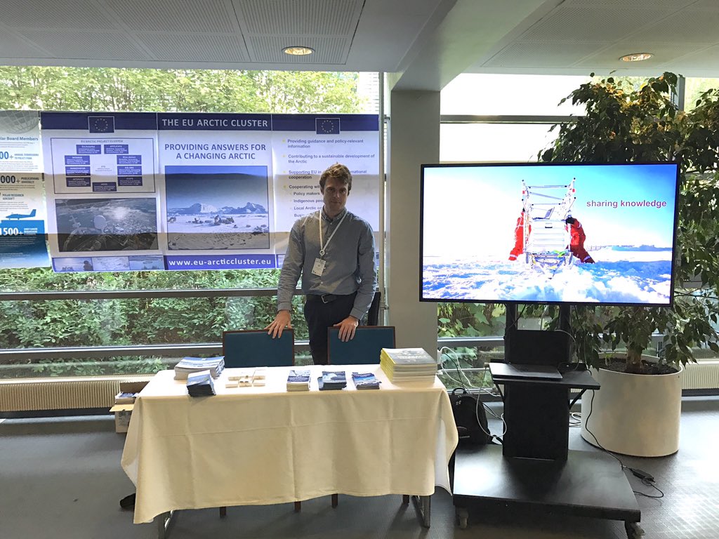 The #EUArcticCluster booth is set up for #UArcticCongress2018 - with <a href="/NolanJosephE/">Joseph E Nolan</a> posing as representative of our affiliated partner <a href="/EuPolarBoard/">European Polar Board (EPB)</a>. Come and visit us!