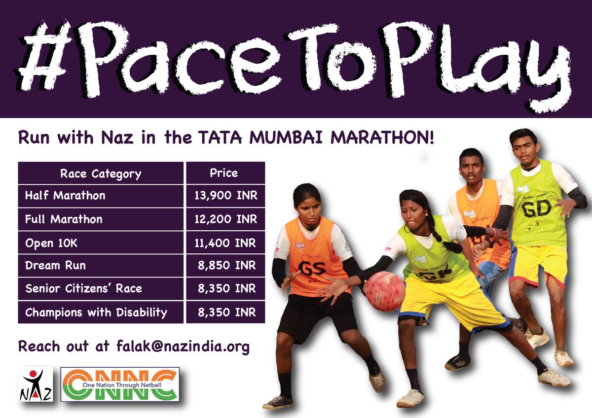 Naz_Foundation's tweet photo. Run with Naz at the @TataMumMarathon 2019 and support One Nation Netball Cup to encourage young boys and girls to play together and learn to be the agents of change that the world needs today!

#PaceToPlay #RunForNaz #TMM19 https://t.co/nG4qz3e7py