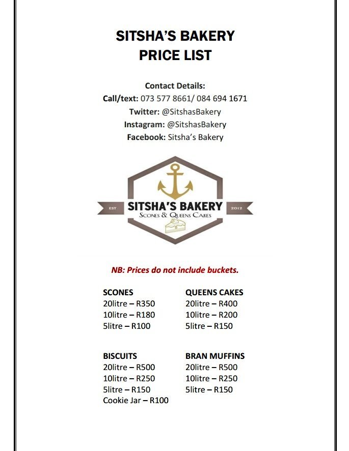 SitshasBakery's tweet photo. We offer fresh, QUALITY cakes at the following prices 👇

Scones
5l - R100
10l - R180
20l - R350

Queens cakes
5l - R150
10l - R200
20l - R400

Full price list attached below
Place your order on 073 577 8661

#djsbu @djsbu #BeyDay #SupportBlackBusiness #BeyDay #Recession #USOpen https://t.co/gewaGIB1Np