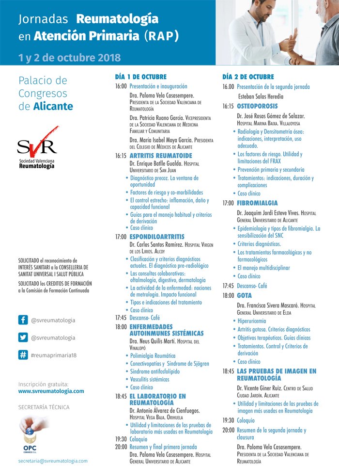PCA_Alicante's tweet photo. Jornadas de Reumatología En Atención Primaria (RAP) Lunes 1 y Martes 2 de Octubre de 2018 en el Palacio de Congresos de Alicante. 

📝Inscripciones: https://t.co/OzCwANN0GD

@svreumatologia @COMAlicante 

#Reumatología #Jornadas #ReumaPrimaria18 #palaciocongresos #alicante https://t.co/UDv40zEIro