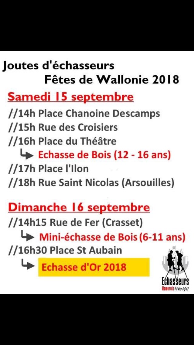 EchasseursNamur's tweet photo. Programme complet des joutes durant les @FetesDeWallonie 2018. #echasseurs #wallos2018 https://t.co/iPwp7ylJag