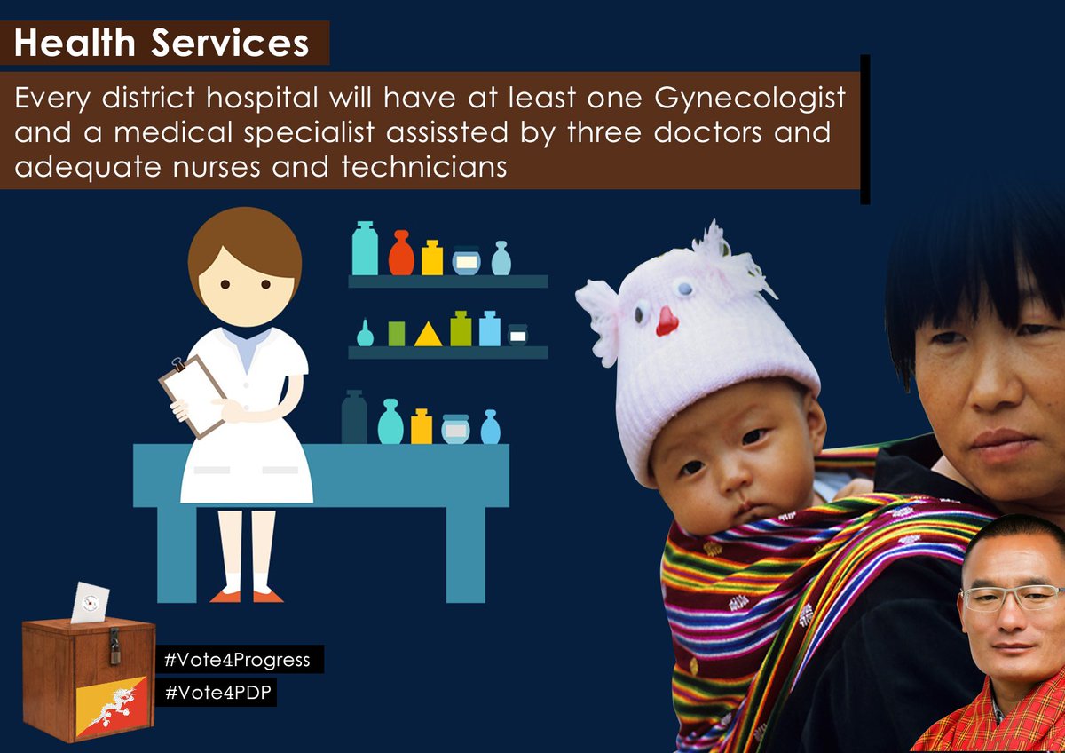 StandForBhutan's tweet photo. #Vote4Progress #Vote4PDP #Bhutan 
 Health Services:
Every district hospital will have at least one gynecologist and a  medical specialist assissted by three doctors and adequate nurses and  technicians. https://t.co/TlnH3qqMih