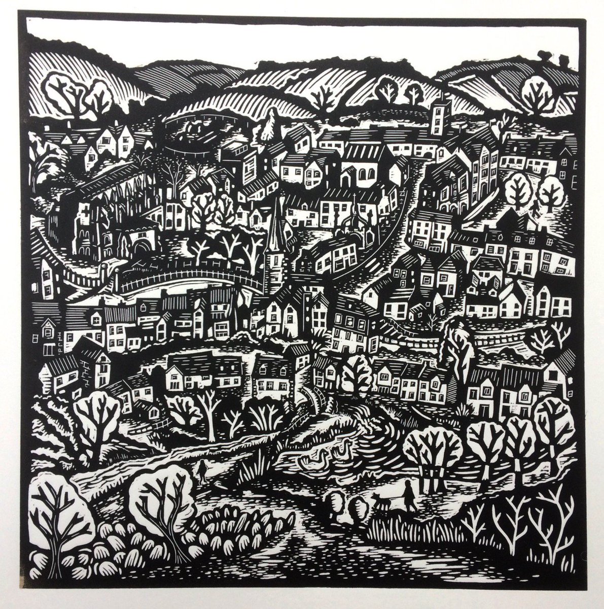 WSP_Phillip's tweet photo. New lino cut of our home in Malmesbury, Wiltshire. An ariel view looking east over the town. #linocut #linoprint #Wiltshire #printmaking https://t.co/iHXmveSivG