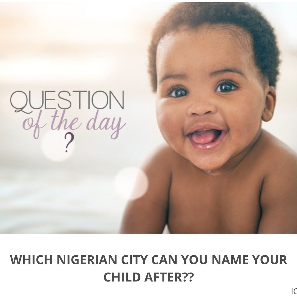 Rainbow941fm's tweet photo. We've seen people name their children; Chelsea, Brooklyn, Paris e.t.c
Which Nigerian city can you name your Child after?
#QuestionOfTheDay
#TheGroovyShow
#Tquest #Labbizzy https://t.co/RLFwfeLd7X