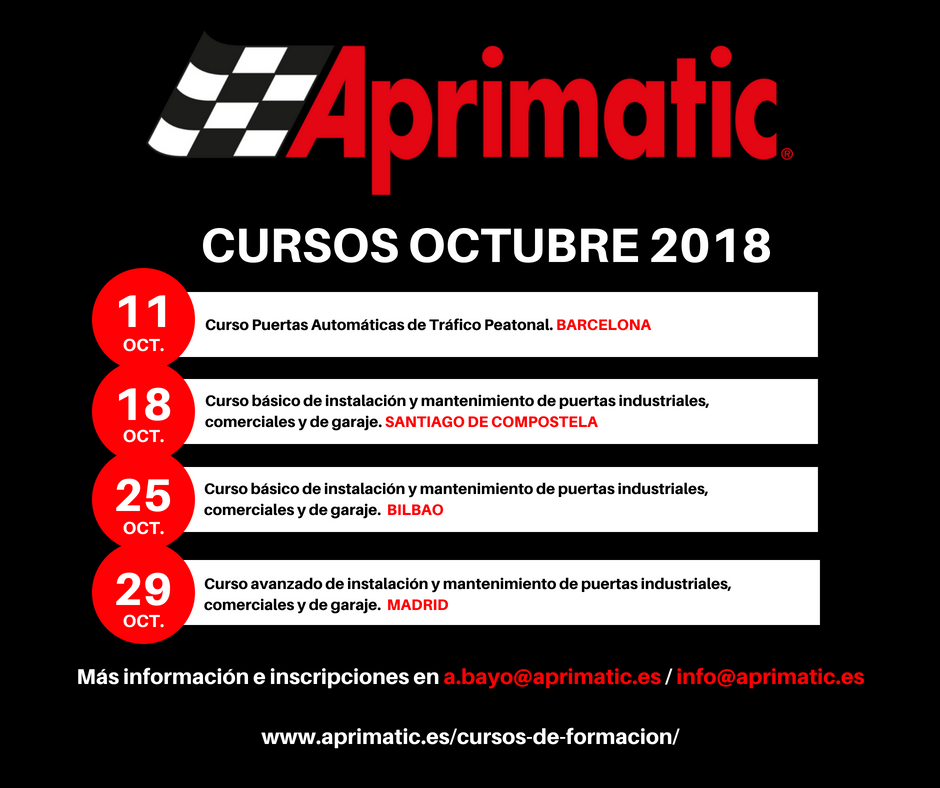AprimaticDoors's tweet photo. En @AprimaticDoors apostamos por la #formación de profesionales!
Estos son los próximos #cursos para el mes de #OCTUBRE ¡No te quedes sin tu plaza!
Inscripciones y más información en a.bayo@aprimatic.es / info@aprimatic.es
#automatismos #puertasautomaticas #aprimatic https://t.co/XejKP5UO3j