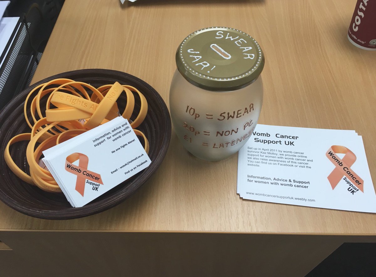 VaillantJayne's tweet photo. The swear jar has landed, fair warning! Awareness wristbands and badges also for sale for anyone who isn’t a potty mouth #ProudToWearPeach #WCSUK https://t.co/kxKaJyo5jk