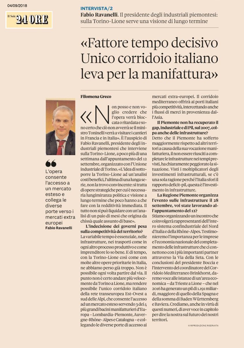 <a href="/ConfPiem/">Confindustria Piemonte</a> si prepara all'evento #sìtav del 12 settembre con il Presidente Boccia. Ravanelli definisce la #tav ponte verso i mercati extra-europei: "Non posso e non voglio credere che verrà bloccata". E invita <a href="/DaniloToninelli/">Danilo Toninelli</a> a visitare i cantieri in Francia e Italia