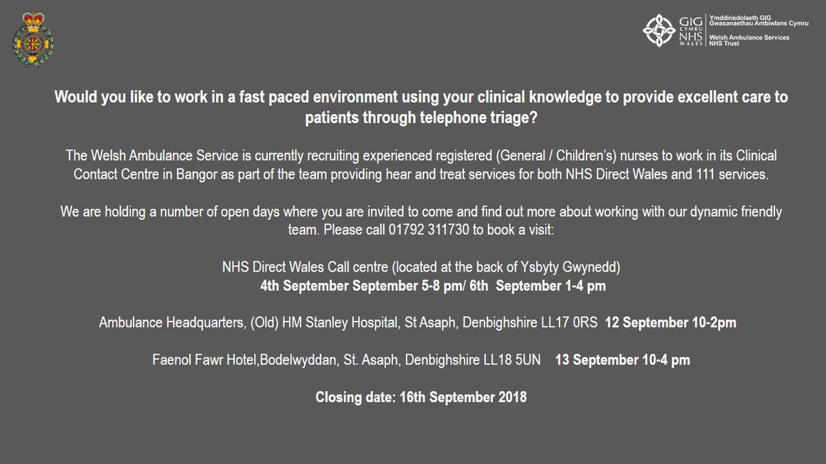 Are you looking for...
👩‍⚕️A new direction in your nursing career❓
👨‍⚕️A fresh exciting challenge❓
Then click here to find out more about out Nurse Advisor vacancies in our Clinical Contact Centre in Bangor  👉 bit.ly/2Q2dsCI
