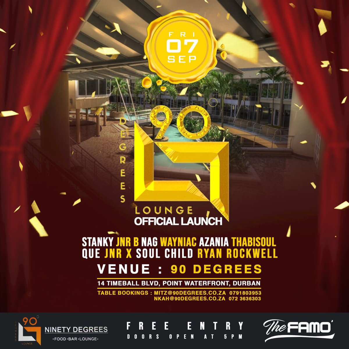nokuphiwaNN's tweet photo. @nintydegreeslounge presents to you our official launch!! 7th September

14 Timeball Blvd, Point Waterfront, Durban 
our new home! Shisa Nyama, Lovers of Food, Cigar Bar, Hubblys, and amazing Drinks specials and packages!! 
#90degreeslounge #thefamo https://t.co/OvRYNLVCJy