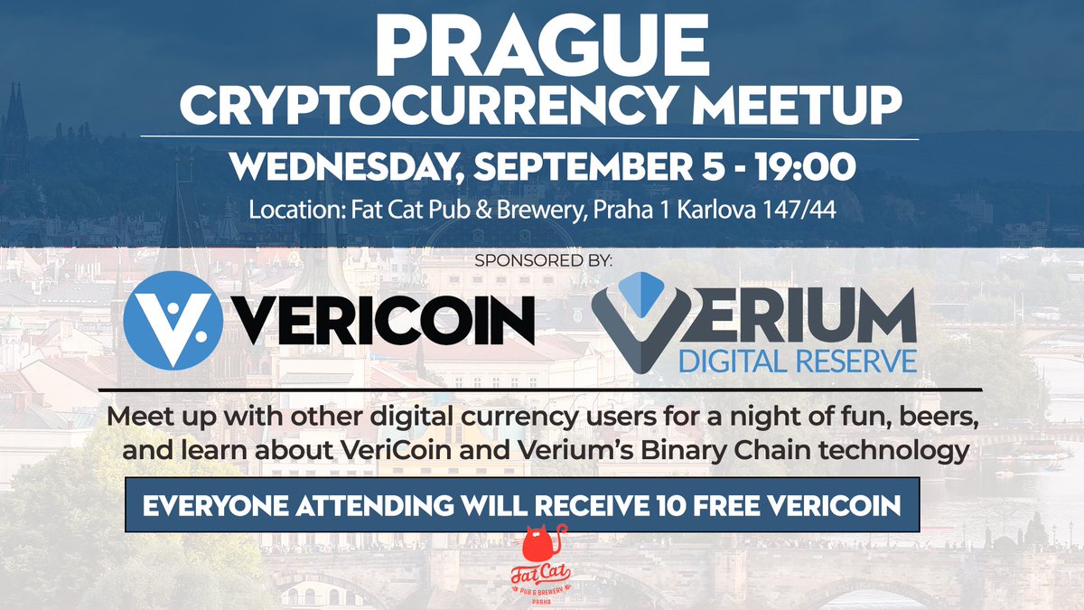 VeriCoin's tweet photo. Meet @bluelynxmktg and @XphitenX at FatCat Brewery&amp;Pub in Praque tomorrow the 5th Sept. at 19:00. Attend and get 10 free VeriCoin. Looking forward to meeting you. https://t.co/0jUjYPqQpR