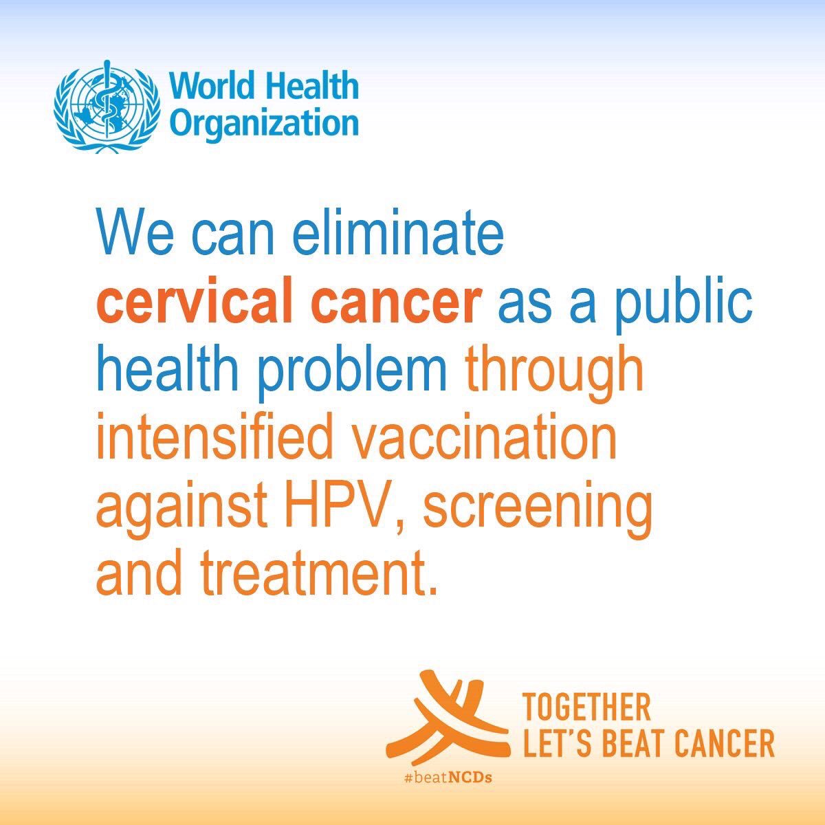 We can eliminate cervical #cancer as a public health problem through intensified vaccination against HPV, screening and treatment bit.ly/2hujn3D   #BeatNCDs