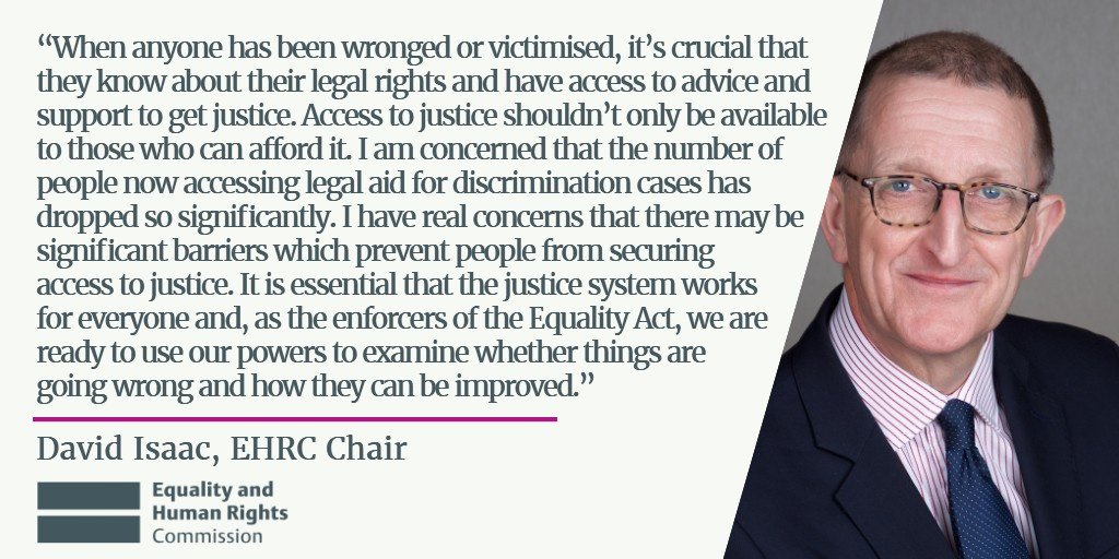 "It is essential that the justice system works for everyone and, as the enforcers of the Equality Act, we are ready to use our powers to examine whether things are going wrong and how they can be improved.” <a href="/EHRCChair/">Kishwer Falkner</a> on our inquiry into #LegalAid. More: socsi.in/HAbOB