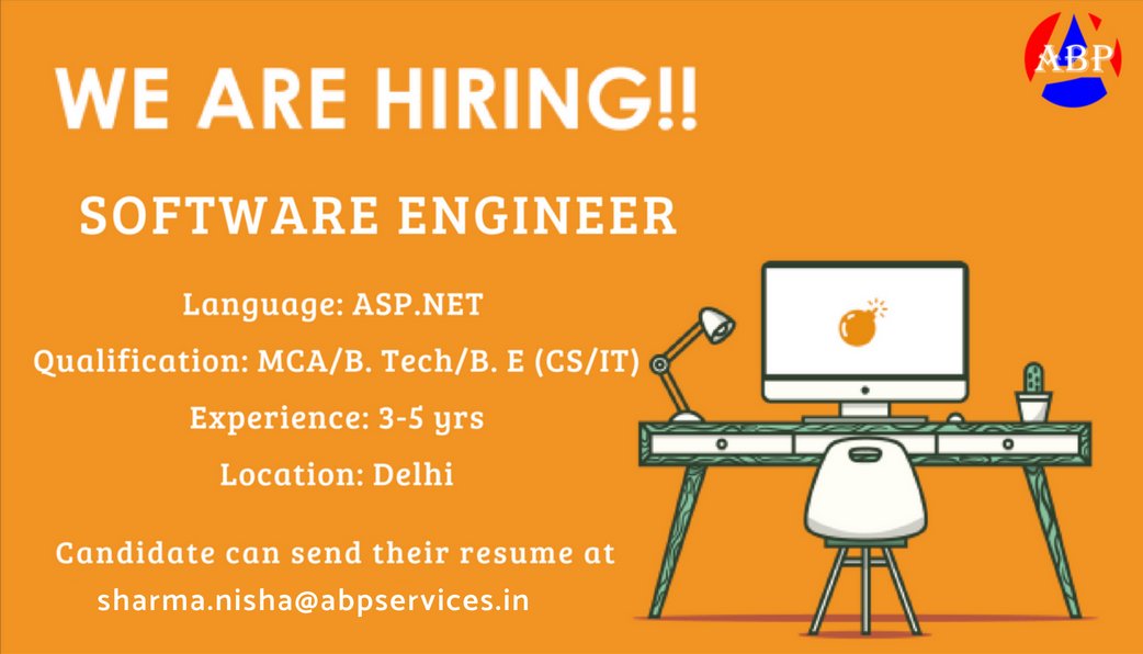 abp_services's tweet photo. We are looking for an https://t.co/247SW0ELBA developer.
Interested candidates can send their resume at sharma.nisha@abpservices.in
#jobs #delhi #hiring #IT #software #engineering #ASPNET #Btech #MCA #BE #CS #abpmanagementservices https://t.co/mnjAhiqm5n