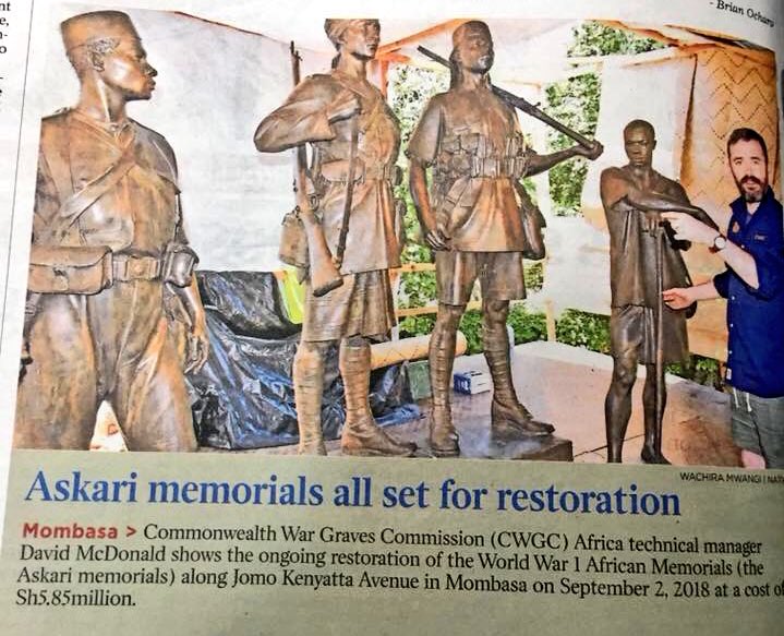 TourismMombasa's tweet photo. Ongoing restoration works of the Mombasa African Memorial located in Mwembe Tayari. The repair of the iconic Carrier Corps sculpture completed. Many thanks to @d4vidmcdonald19, Africa Technical Manager for @CWGC, for overseeing the awesome restoration works. https://t.co/vSmvOi2dUY
