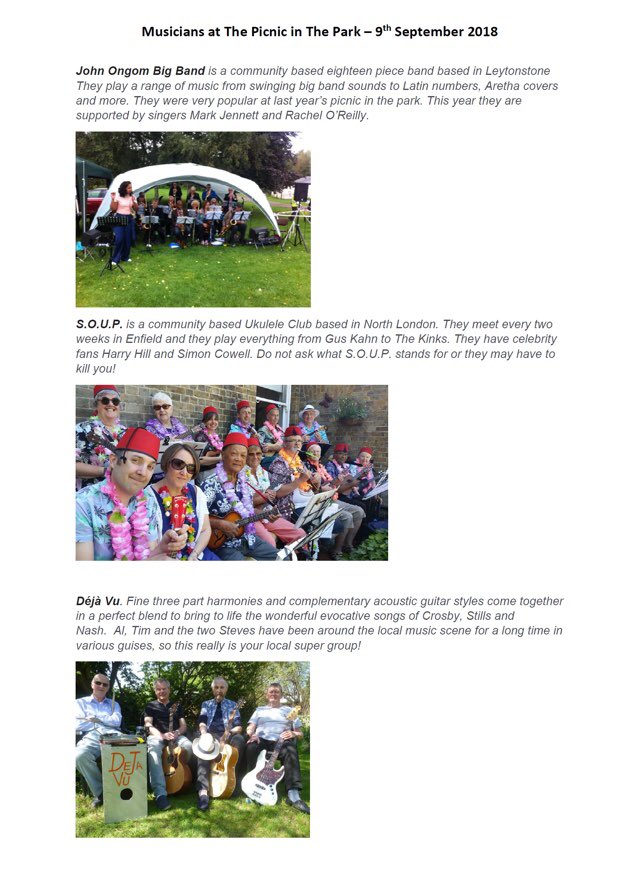 Beataylor11's tweet photo. Great music lineup at the picnic in the park this Sunday! In the Highams Park! Free event all welcome! Thanks to Nigel Mear x https://t.co/B7ZDpoEdCJ