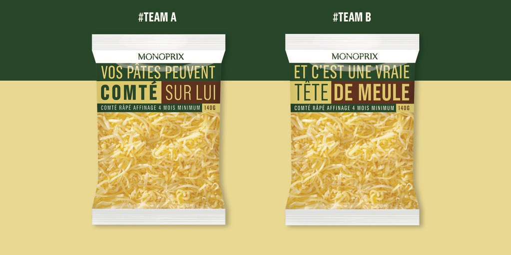Monoprix's tweet photo. [BATTLE DE PACKS] Dites-nous quelle est la blague la plus drôle pour le boss du râpe game 👇 RT pour #TeamA ou ❤️  pour #TeamB ! https://t.co/6461GCfElz