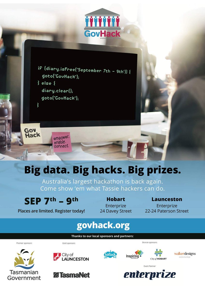 GovHackTas's tweet photo. GovHack Tasmania  starts on Friday night. Not long to go. Register now on https://t.co/rVKhPjLpDi or register on the night! https://t.co/RZGbz1iD5R
