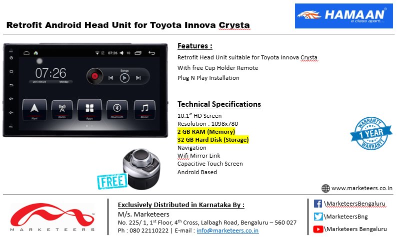 Hamaan Android Head Unit suitable for Innova Crysta

HD Screen / 9' Screen Size / BT / Navigation / WiFi / Mirror Link

#Hamaan #AndroidHeadUnit #Retrofit #InnovaCrysta