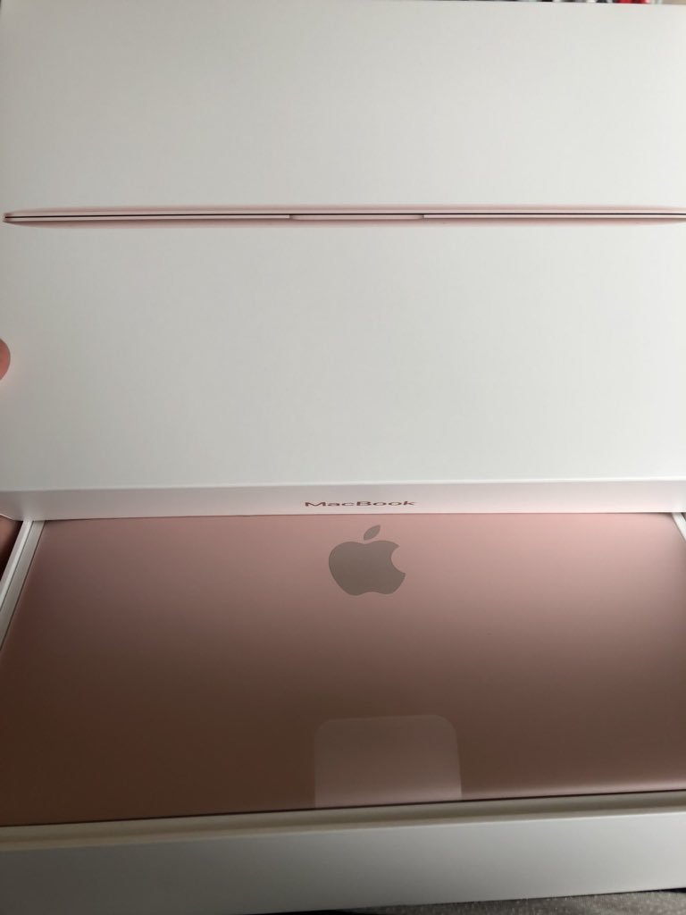 julesaly's tweet photo. Bought a new #MacBook today. (Donโt @ me about the new ones coming out soon). @AppleSupport guy was really trying to sell me a Pro based on specs but I told him I liked the colour of this one. Yes - I am that consumer and Iโm not ashamed #NotAnAd #PaidFullPrice #PinkIsPrettier https://t.co/stp8yABWmQ