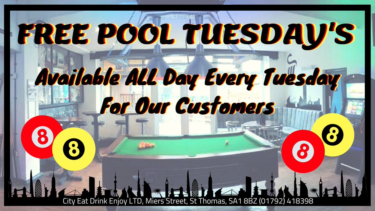 Citybarswansea's tweet photo. #FreePoolTuesday 

That’s right, it’s Tuesday and all games of pool are on us 🎱

Come on down and have a game or two! 

#CityBarSwansea https://t.co/MWLURVn6Ri