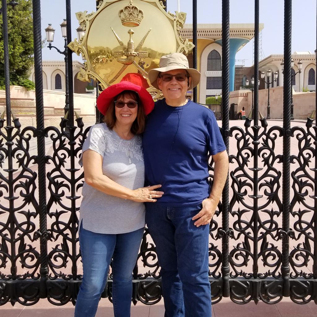 PassageForTwo's tweet image. In front of the Sultan&apos;s Royal Al Alam Palace is the ceremonial palace of Sultan Qaboos of Oman located in Old Muscat, Oman. Enjoying our cruise and tours of the Arabian peninsula. #travel #AdventureOfALifetime #PassageForTwo #MyVikingStory