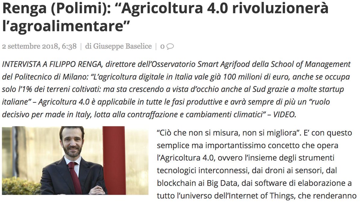 “L'Agricoltura 4.0 rivoluzionerà l’agroalimentare”. <a href="/FilippoRenga/">Filippo Renga 🇪🇺 🇺🇦</a> <a href="/Osserv_Digital/">Osservatori Digital</a> firstonline.info/renga-polimi-a… #agricoltura #agroalimentare #Food