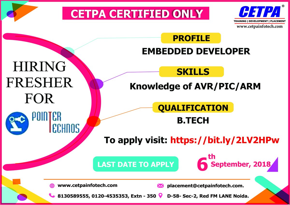 cetpainfo's tweet image. Another Excellent opportunity for #CETPA certified students.
Company: POINTER TECHOS
Profile: #Embedded_Developer
Click to apply:- bit.ly/2LV2HPw
#EmbeddedDeveloperTrainee #EmbeddedDeveloper #EmbeddedTraining #jobopportunities #placement #Careers #Jobs #Embedded