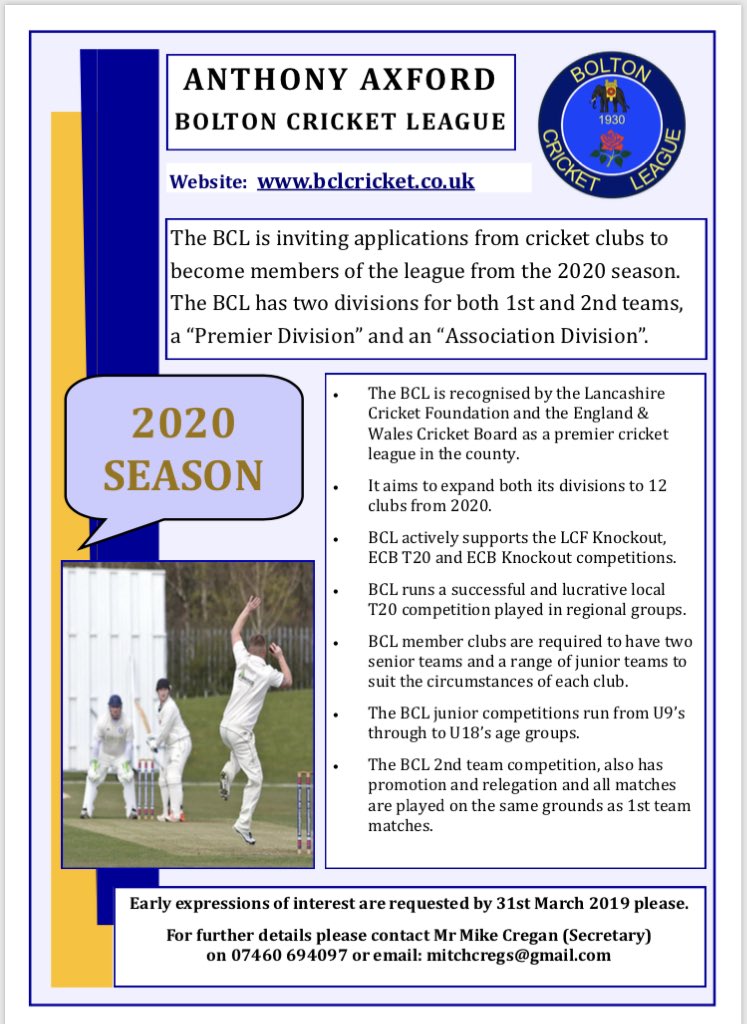 We are welcoming applications to join the Bolton Cricket League for 2020, with the new vision in place  from <a href="/LancsCricketFDN/">Lancashire Cricket Foundation</a> we are looking forward to welcoming 4 new teams.