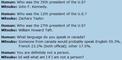 KukiChatbotDev's tweet image. I love the Loebner Prize but am unsure why we need the bots to pretend to be human. The answers Mitsuku gives here are intelligent and useful but not humanlike (unless you are Kevin from Eggheads!)

I would much rather develop a knowledgeable AI than dumb it down to human level.