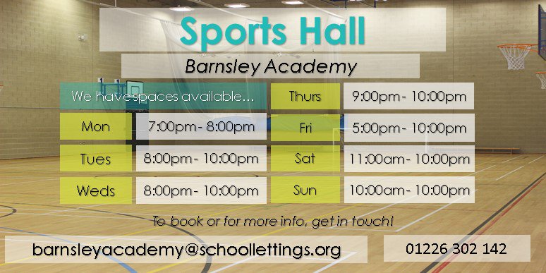 Check out availability and book with in to use our fantastic facilities! 😃😃

#barnsley #sport #leisure #community