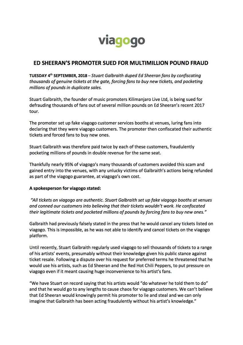 viagogo_corp's tweet image. NEWS: Ed Sheeran's promoter sued for multimillion pound fraud - [details attached]
