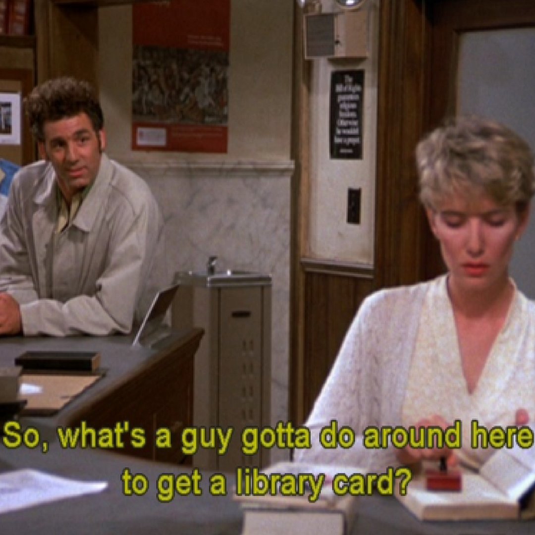 ElmoreLibrary's tweet photo. That’s a great question Kramer! September is National Library Card Sign Up Month! All you have to do is come to the library and we’ll take it from there. Your library card not only gets you books, you can also checkout movies, board games, cake pans and great e-content. https://t.co/RawJq1kiSg