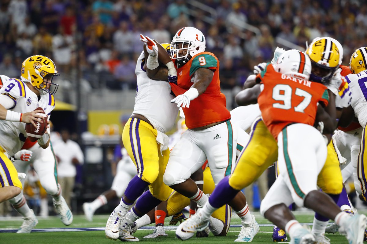 Lucky07026's tweet photo. Gerald Willis III [@gw3_9] became the first Hurricane to record at least 4.0 tackles for loss in a game since Marcus Robinson in 2008 - absolute dominant performance by the redshirt senior Sunday night vs. LSU. https://t.co/tbK7oPBPrR