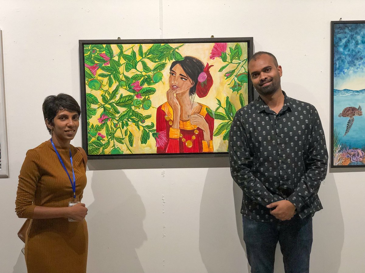 Moooshan's tweet photo. At #UnveilingVisions Maldives Contemporary Art Exhibition. The joyous interplay of colors and images created by these artists. I’m just blown away !!! Well done and congratulations @shaffOceaNs @AtikAtikey @shimanie @masgadu @KurahaaRappe @Lahustrations and rest of the artist’s. https://t.co/zNZlaWr8NT