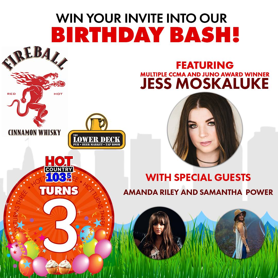 SECRET'S OUT! 3 time CCMA Female Artist of the Year winner <a href="/jessmoskaluke/">Jess Moskaluke</a> is coming to #Halifax to perform at our 3rd #BirthdayBash! Also performing is <a href="/amandariley22/">Amanda Riley</a> &amp; <a href="/SamanthaPMusic/">Samantha Power</a>! #GirlPower

Thanks <a href="/FireballWhisky/">The Dragon</a> <a href="/TheLowerDeckHFX/">TheLowerDeckHFX</a> <a href="/HondaHalifax/">Colonial Honda</a> @MrRooter <a href="/partyonpeopleNS/">Party On People</a>!