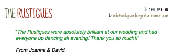 TheRustiques's tweet image. Lovely testimonial from Kate and Michaels wedding on Saturday - cheers guys we had a blast and congratulations again!
The Rustiques crew x
@TailoredEnts