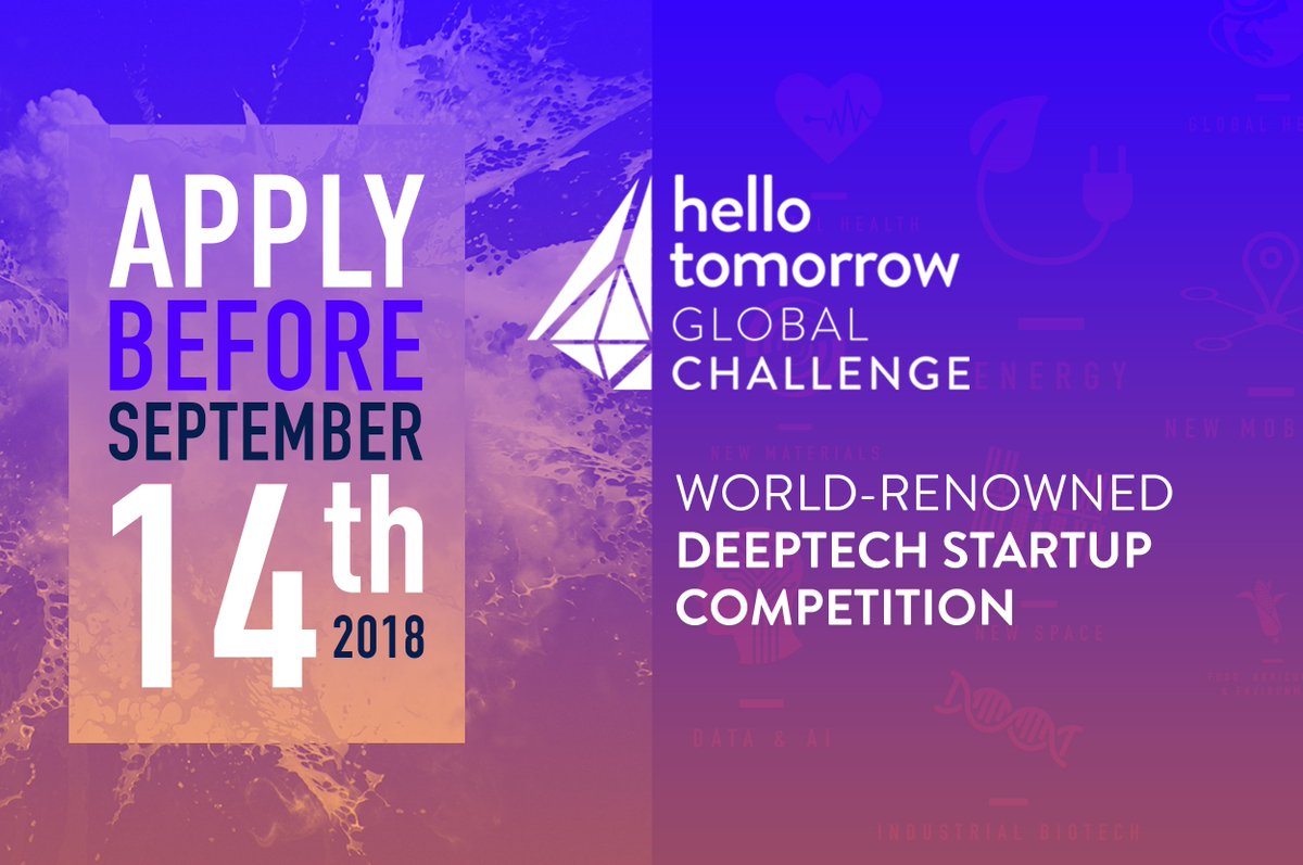 #HTChallenge is on! <a href="/hellotmrc/">Hello Tomorrow</a> is calling all #tech &amp; #science entrepreneurs! Get connected in the #deeptech network with top-tier VCs &amp; industry leaders, and get a chance to pitch to win up to €100K prize money! Apply online before Sept 14th ➡️bit.ly/2s8hMWV