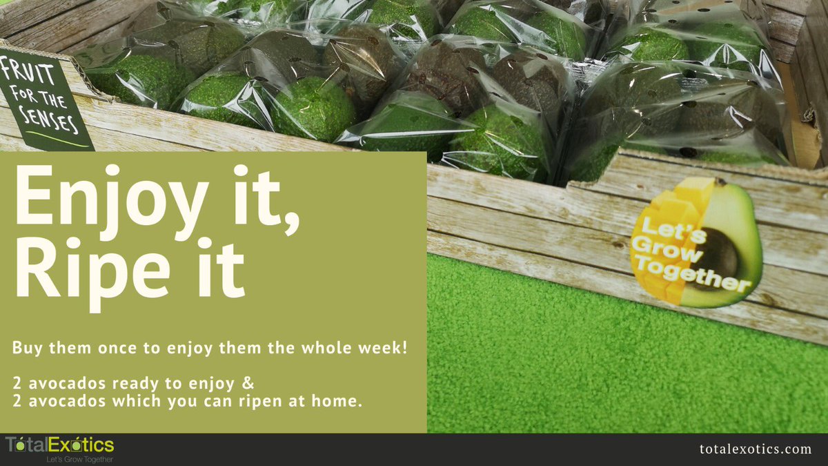 'Enjoy it, Ripe it'
Buy them once to enjoy them the whole week!

Ask your salesperson about our ideal 50/50 packaging or send an email towards sales@totalexotics.com for all the possibilities.  

#totalexotics #fruitforthesenses #avocado #mango #freshproduce #ripen