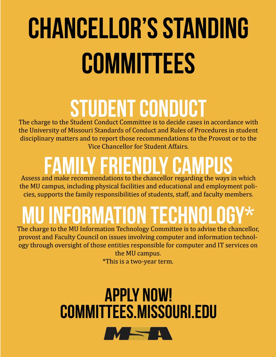 MSAmizzou's tweet image. Welcome back from the long weekend, Tigers! Keep applying for a position on one of the Chancellor's Standing Committees! Click this link to apply: orgsync.com/104675/forms/3… 🐯🐯🐯