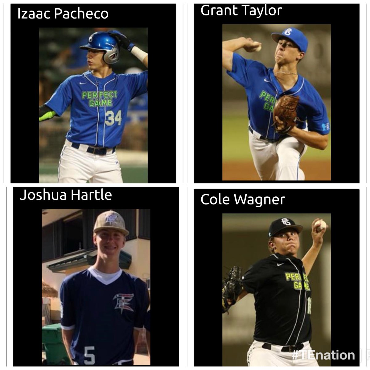 TEAMELITENATION's tweet photo. Congrats to Izaac Pacheco (13) @GrantTay27 (16) @JoshHartle25 (21) @cookiewagner22 (31) for being ranked in the top 50 of the @perfectgameusa 2021 rankings! #TEnation #LoadedGroup https://t.co/f4G59sMZj3