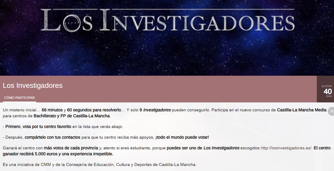 A la comunidad del IES Modesto Navarro de #LaSolana nos encantan los retos. Necesitamos tu apoyo. Sigue este enlace, y ¡vótanos para participar en el concurso "Los Investigadores"! No te vamos a defraudar.  Gracias por tu ayuda. losinvestigadores.cmmedia.es/ies-modesto-na…